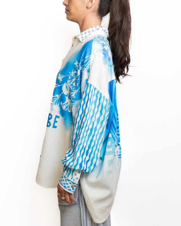 Linen-Blend Shirt in White &amp; Light Blue by Me 369 - view 3