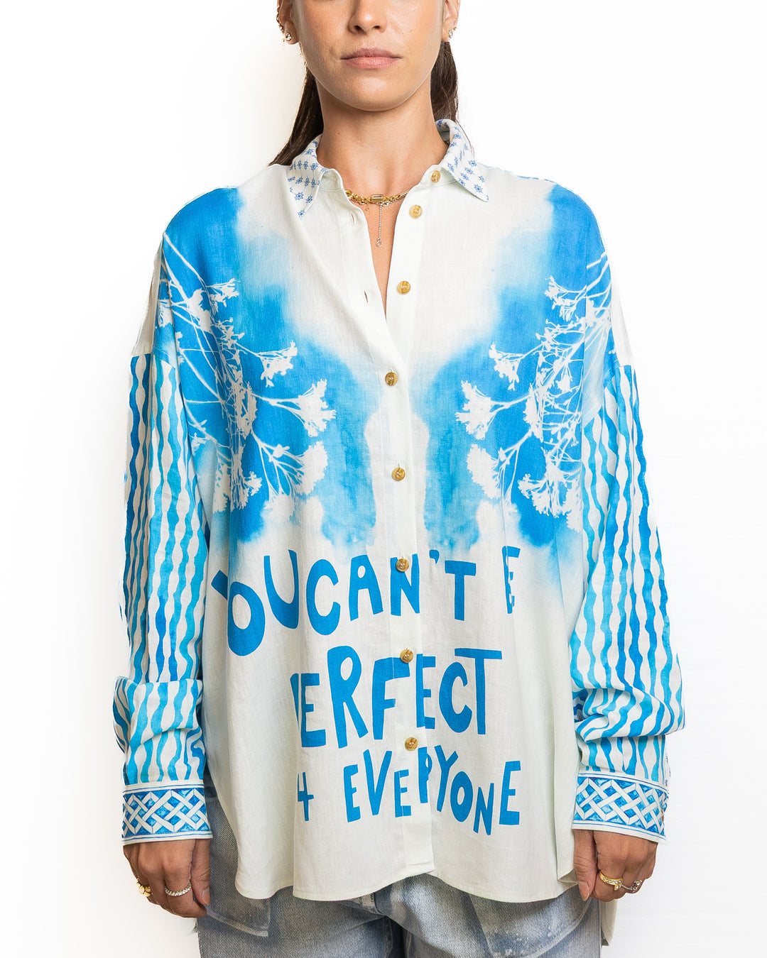 Linen-Blend Shirt in White &amp; Light Blue by Me 369 - view 4
