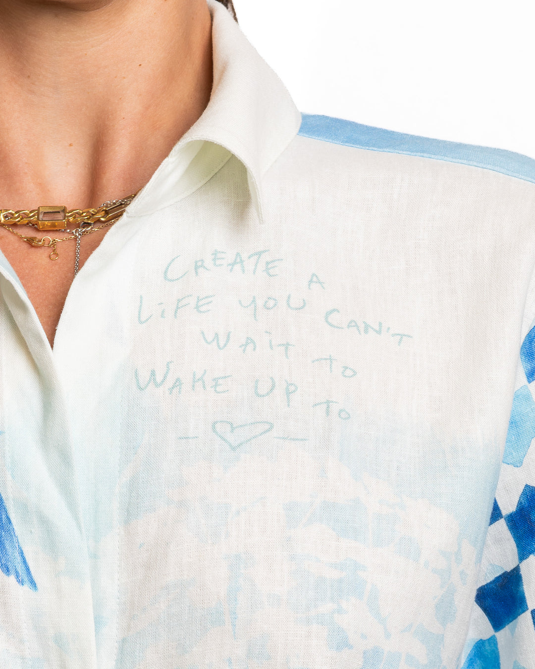Linen-Blend Shirt in White & Light Blue by Me 369 - MODA39