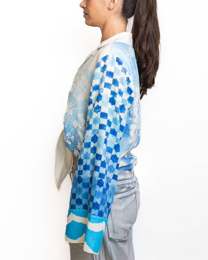 Linen-Blend Shirt in White &amp; Light Blue by Me 369 - view 3