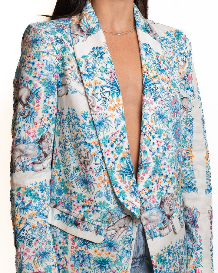 Linen-Blend Jacket in Print Light Blue &amp; White by 5 Progress - MODA39