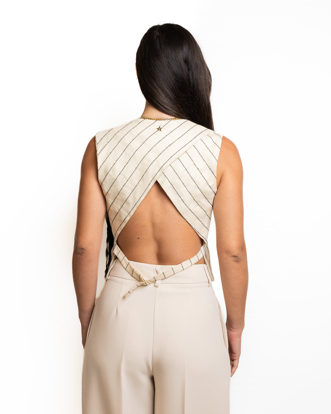 Linen-Blend Vest in Black &amp; White by Souvenir Clubbing - view 2