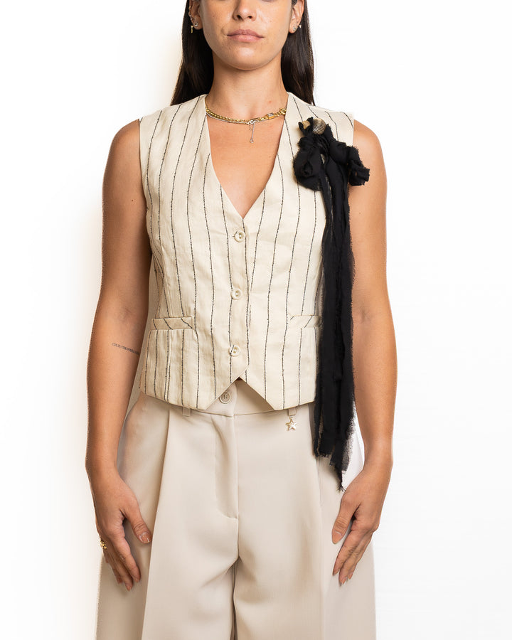 Linen-Blend Vest in Black &amp; White by Souvenir Clubbing - view 4