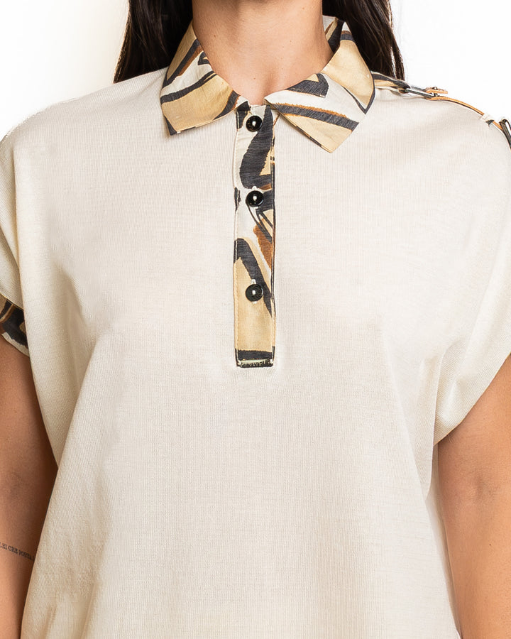 Cotton-Blend Shirt in Crema &amp; Oro by Tricot Chic - view 3