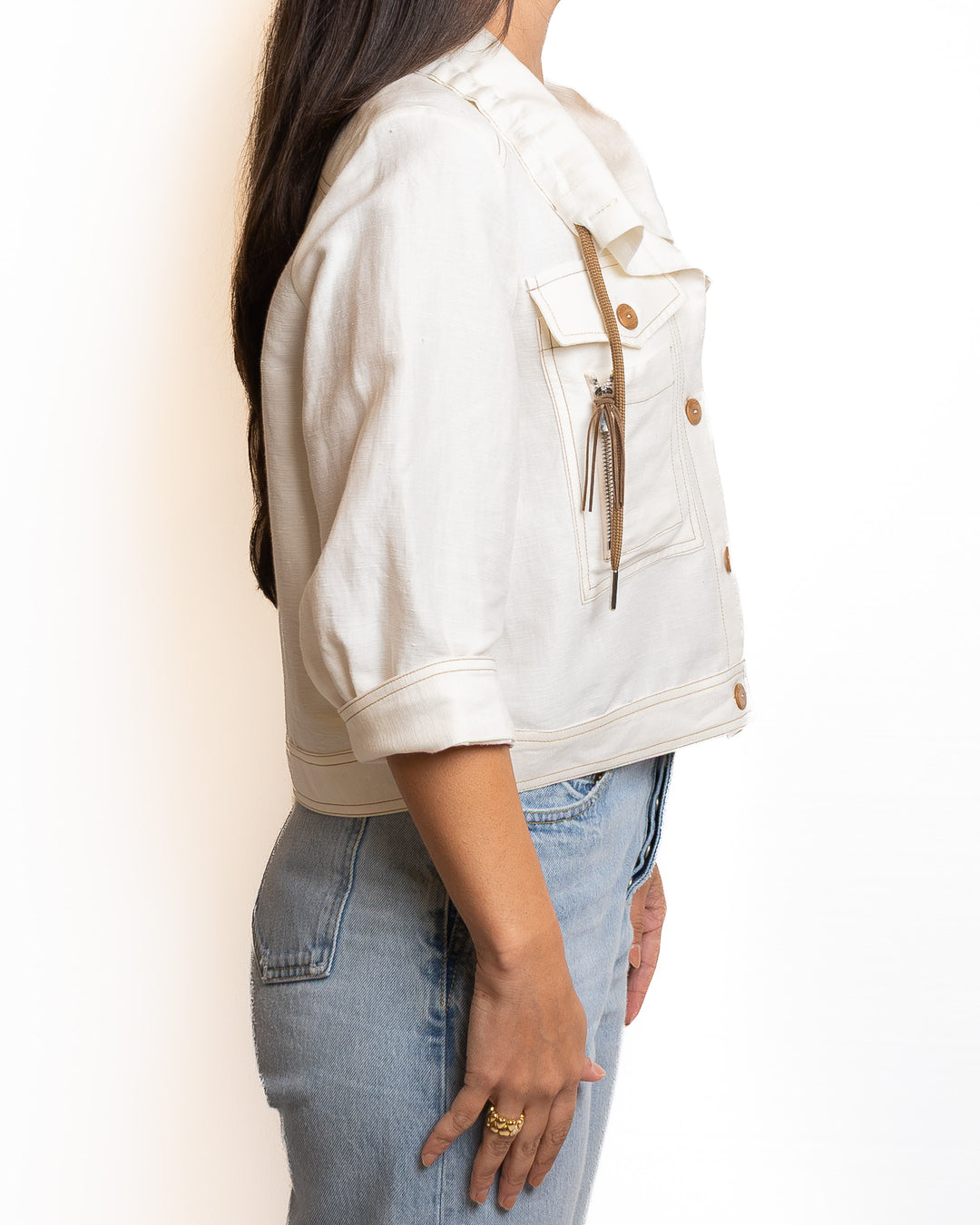 Linen-Blend Jacket in Crema &amp; Oro by Tricot Chic - view 3