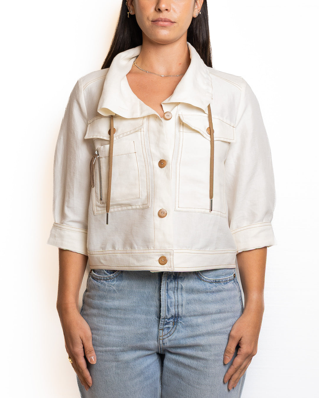 Linen-Blend Jacket in Crema &amp; Oro by Tricot Chic - view 6